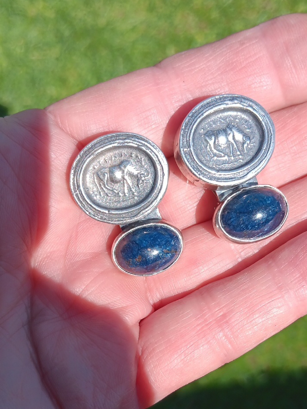 REBECCA COLLINS 925 ANCIENT APIS BULL COIN EARRINGS